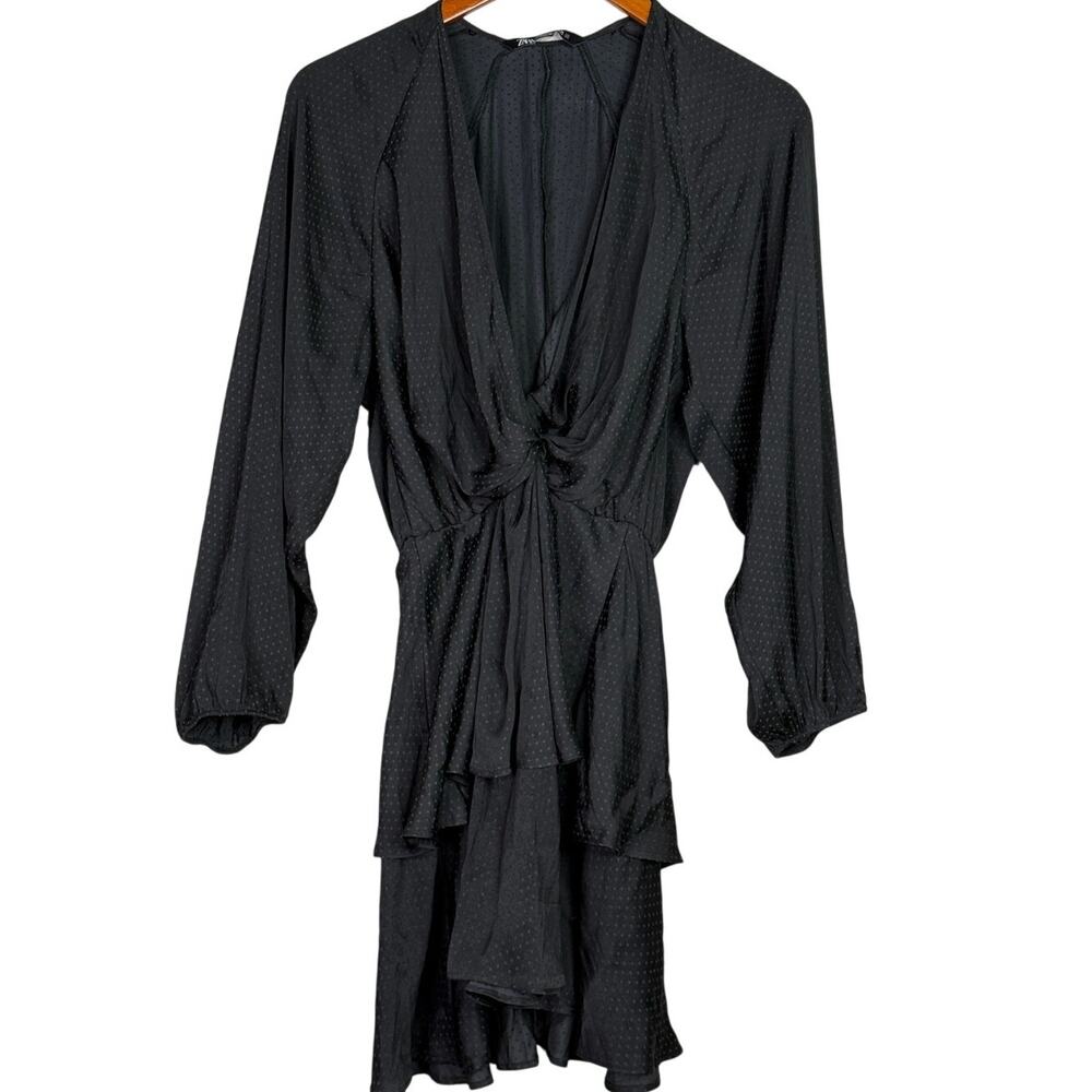 Zara Polka Dot Faux Wrap Style V Neck Long Blouson Sleeves Mini Dress S Black